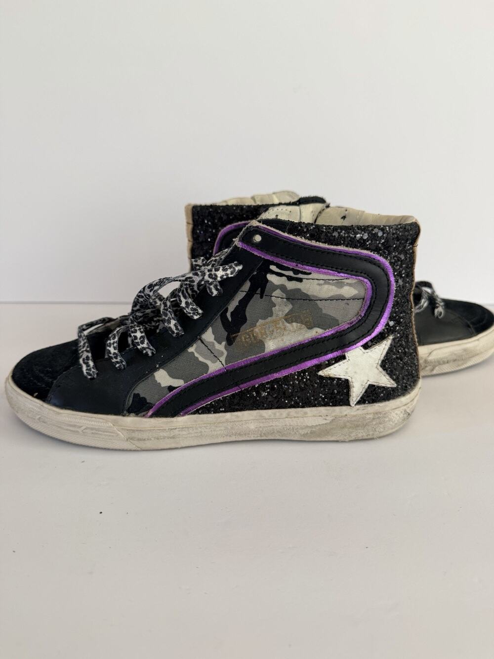Golden Goose Slide Sneakers – Black Glitter Camo Purple Trim Size 38, US 8